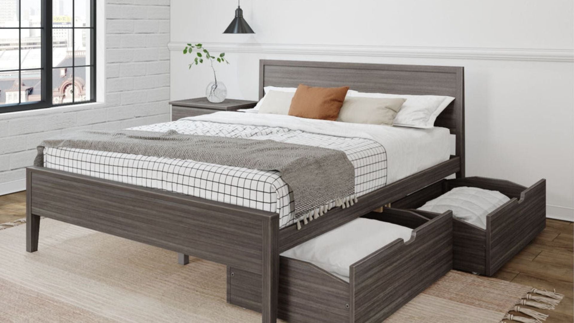Modern solid wood bed with underbed storage drawers