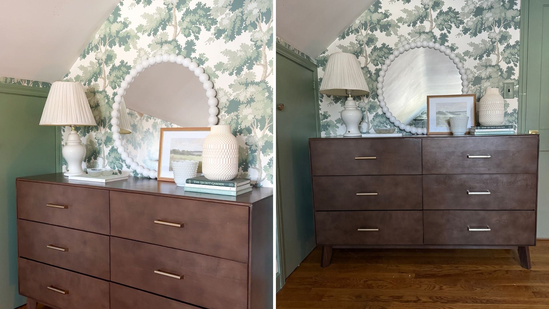 Solid wood 6-drawer dresser in walnut with green wallpaper and round mirror