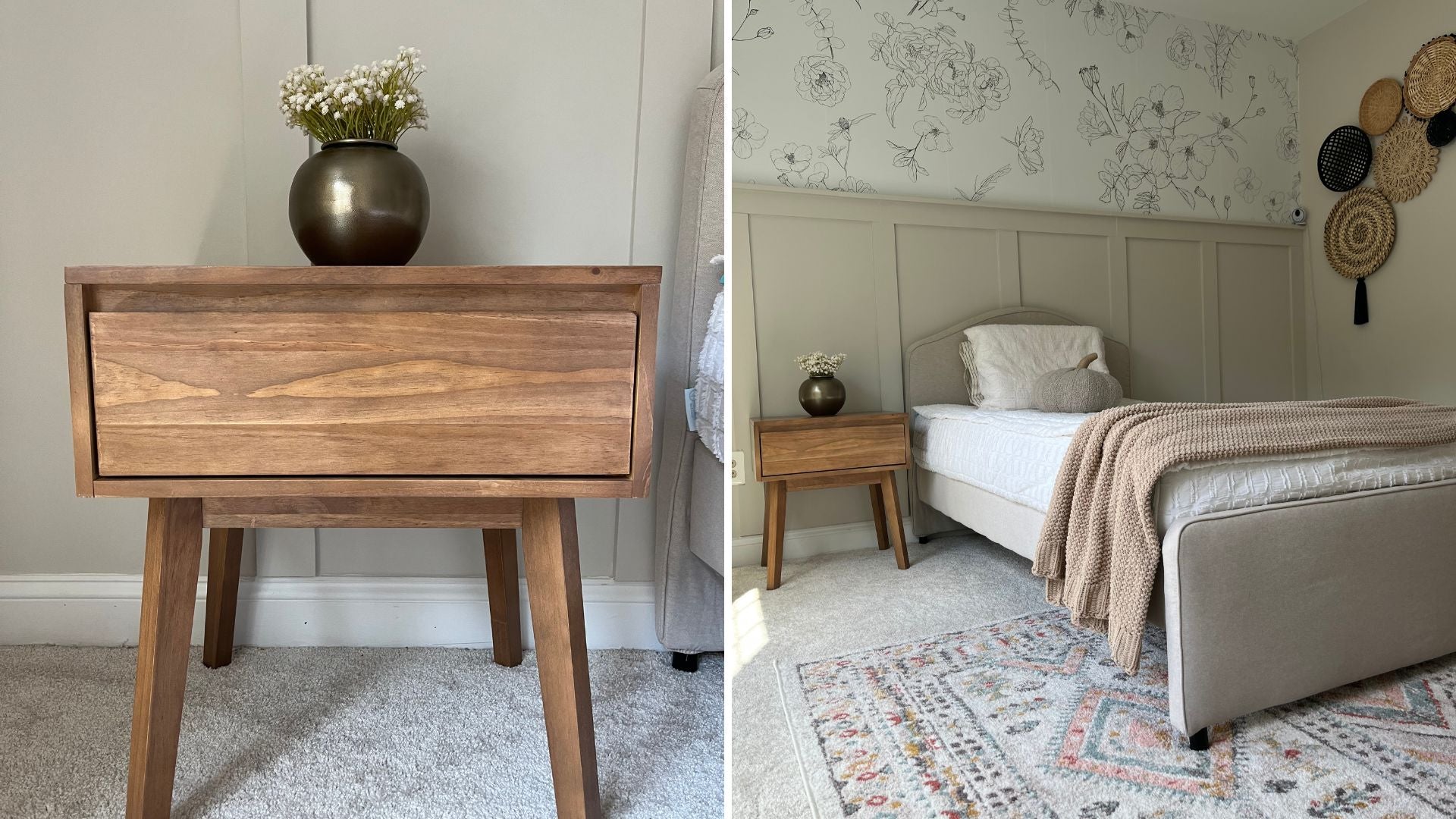 Solid wood nightstand with drawer in pecan in neutral bedroom with twin bed, basket wall, and floral wallpaper