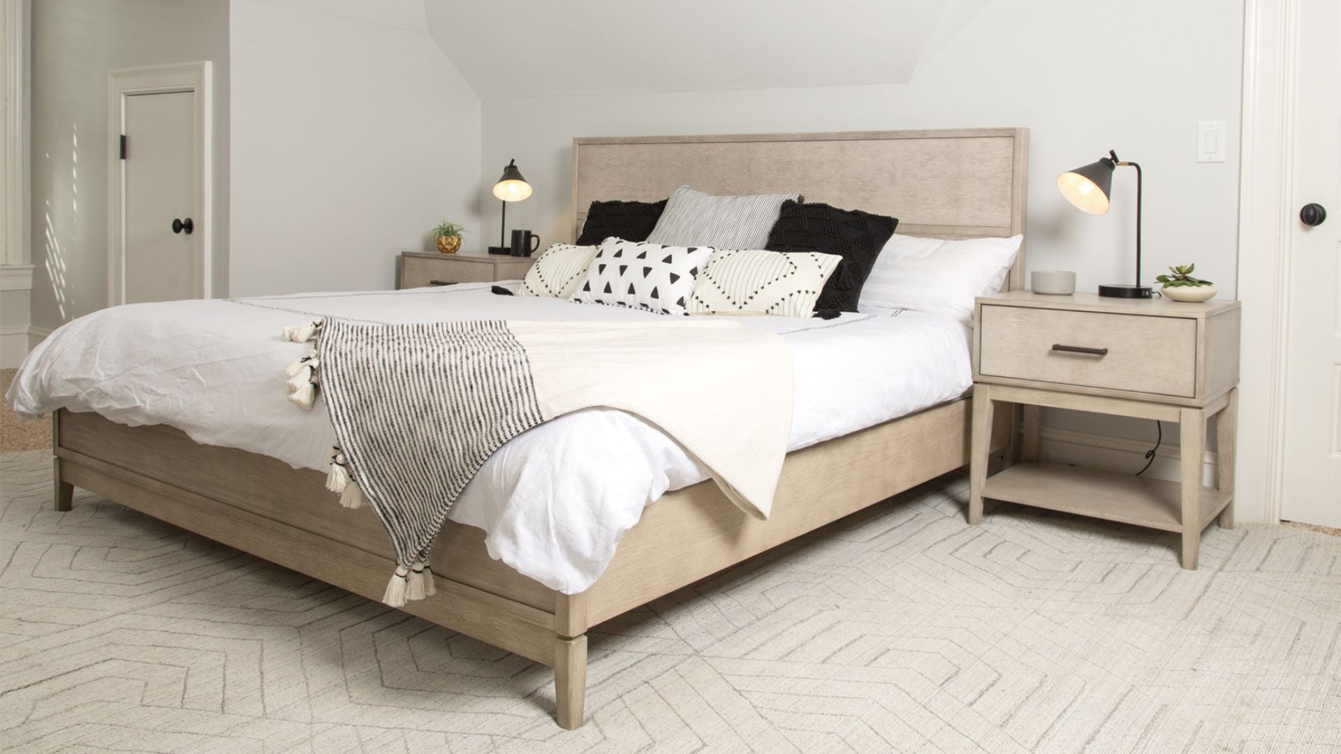 Contemporary bed frame and modern nightstand