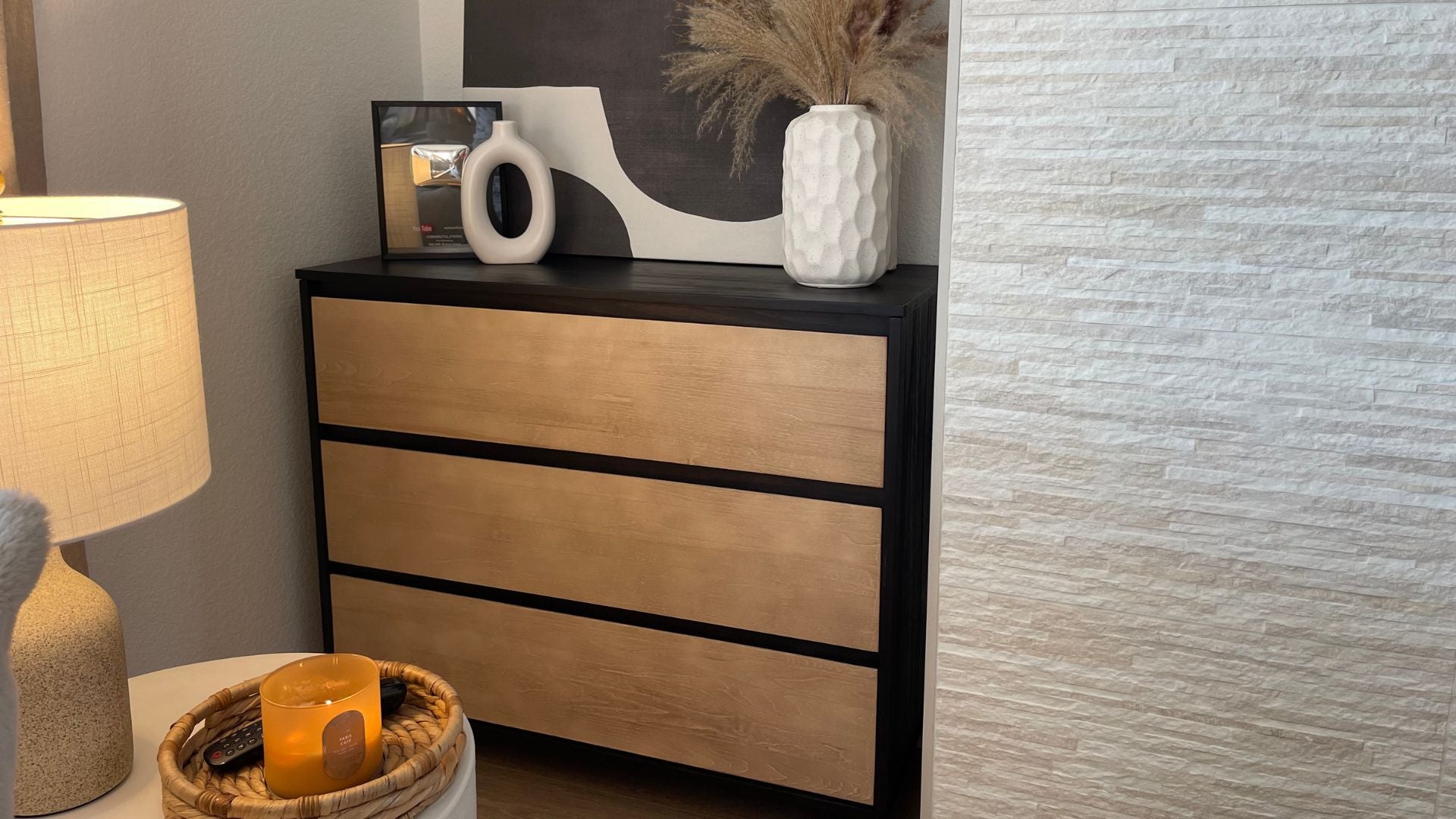 modern blonde and black dresser for bedroom