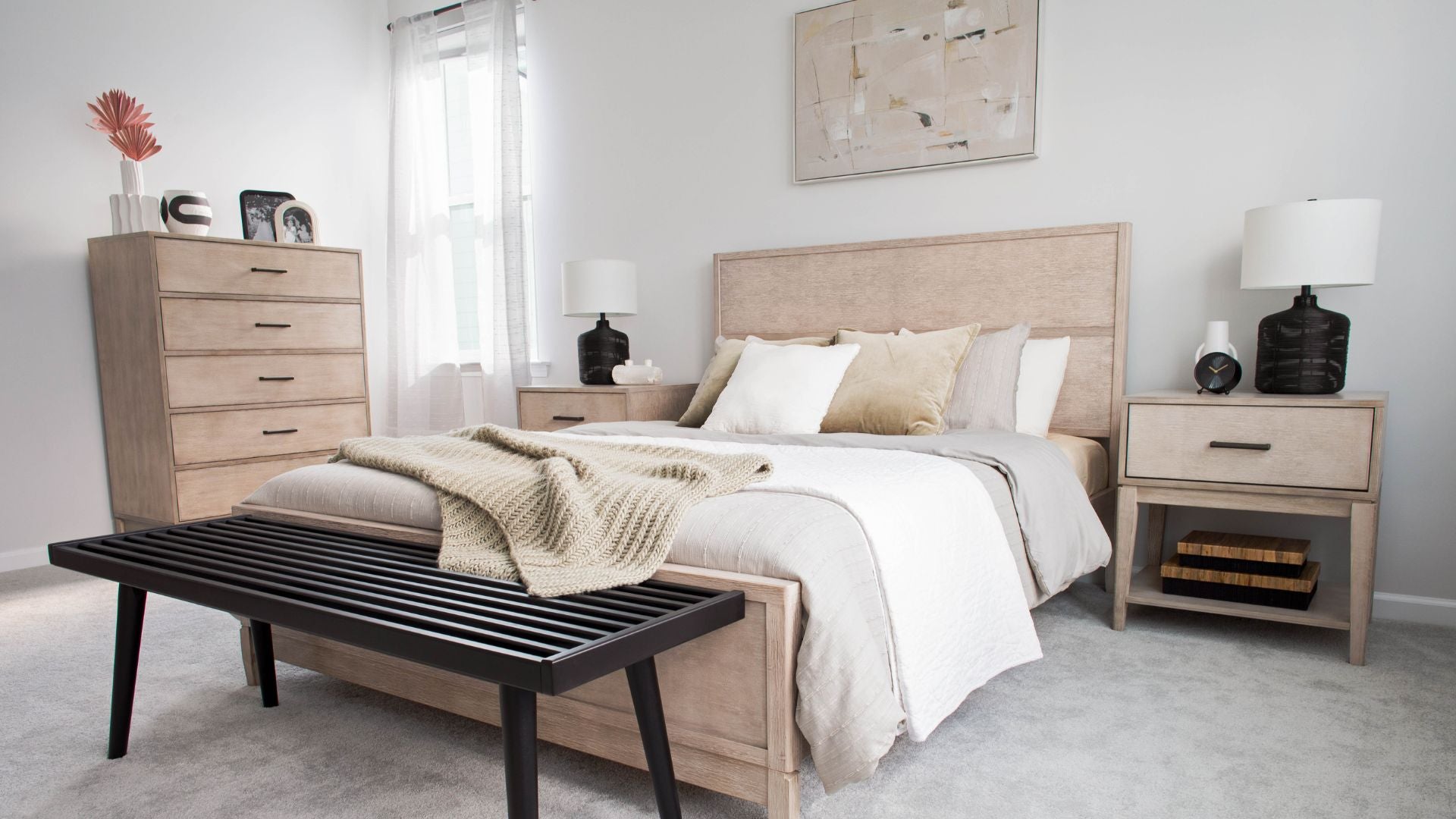 contemporary queen size bed frame with tall dresser and two night side tables