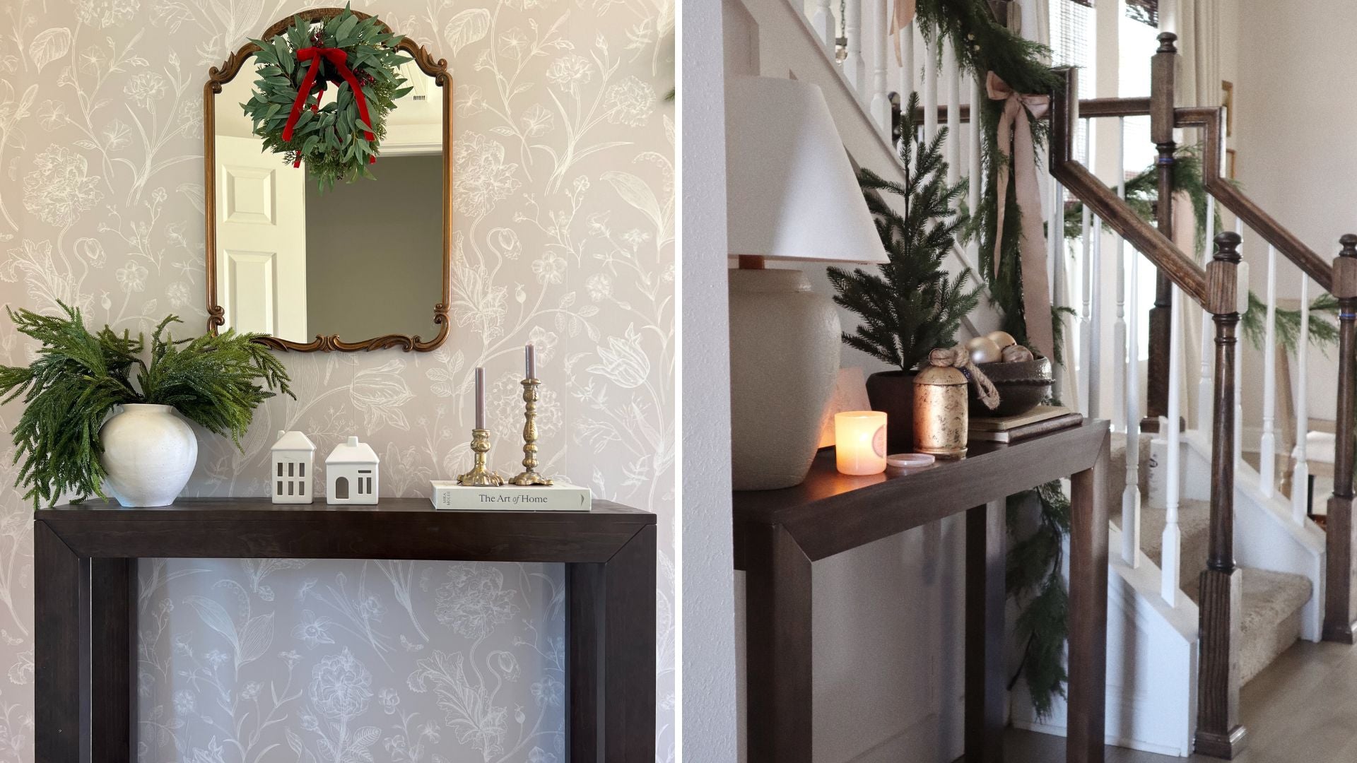 sofa table decorated for holidays
