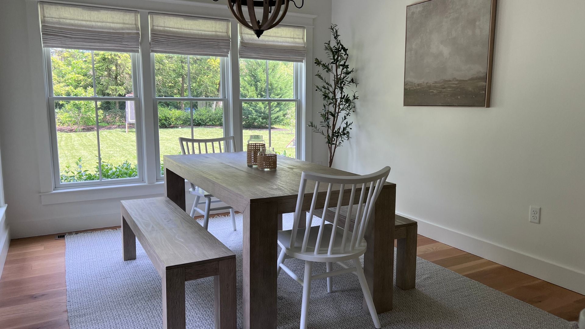 modern dining table with dining benches and windsor dining chairs