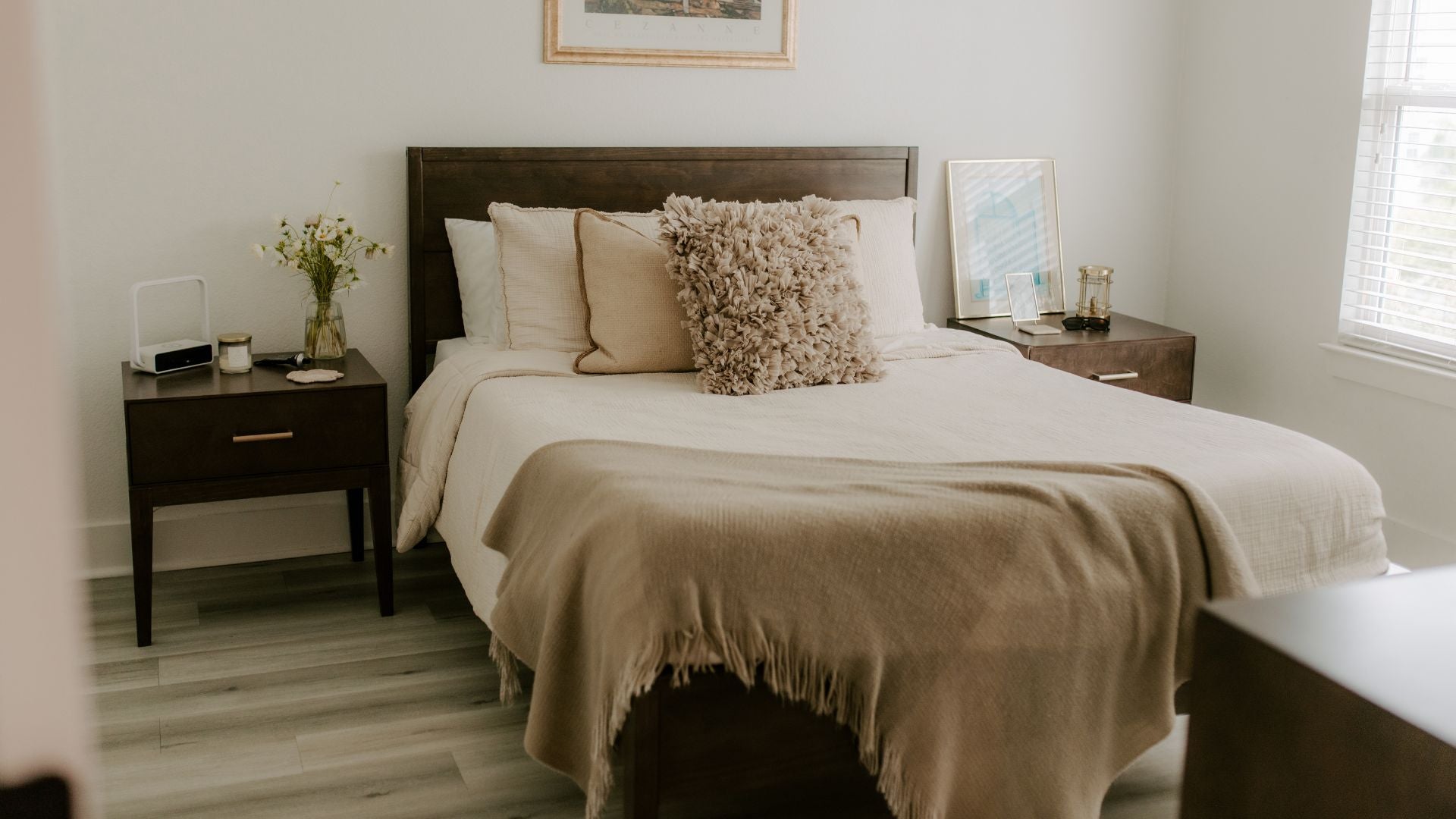 walnut queen bed frame with wooden bedside tables