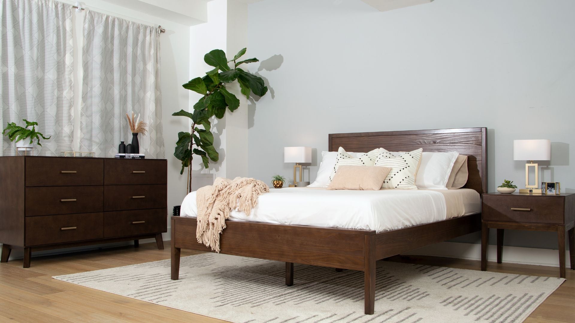 walnut queen bed frame with 6 drawer walnut dresser and bedside tables