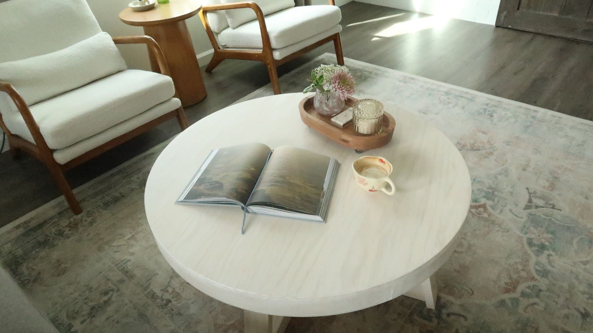 36 inch round coffee table in white sand wirebrush