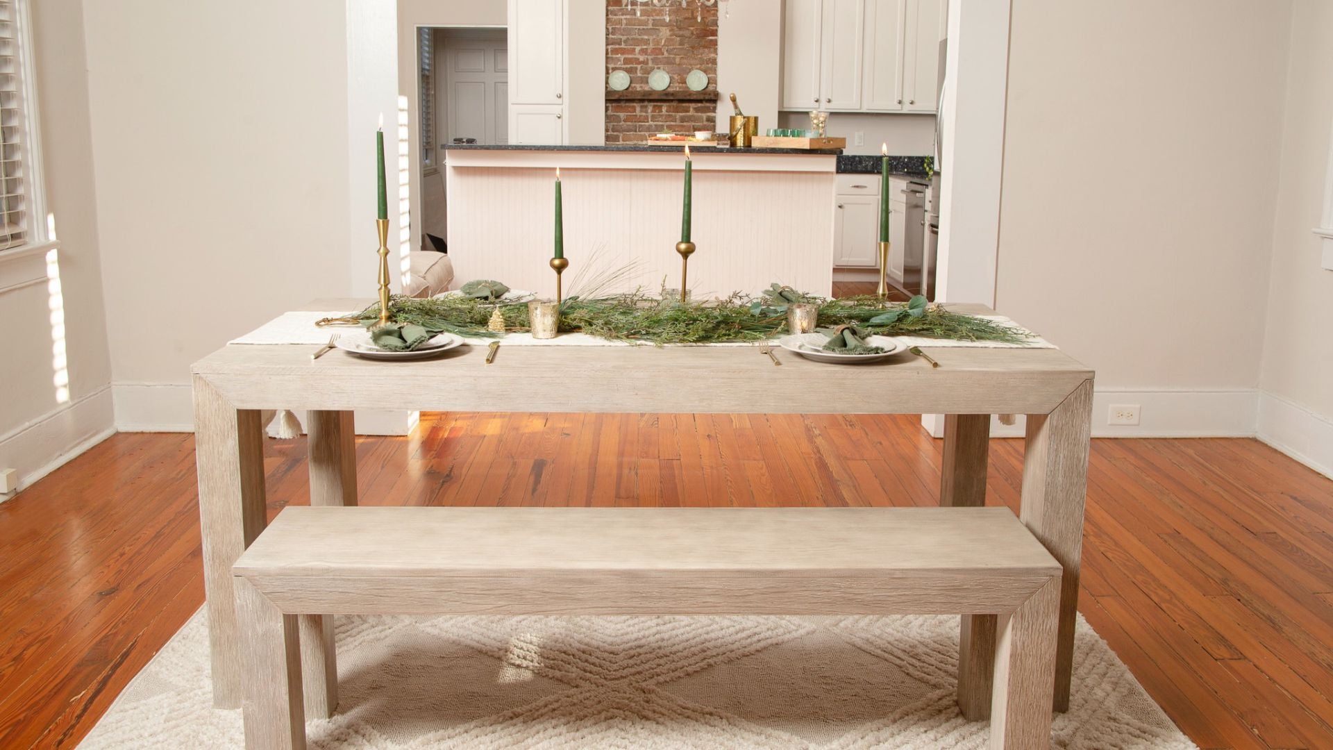 solid wood dining table and dining benches with thanksgiving centerpiece