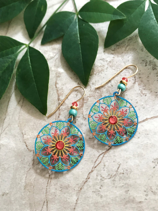 Adajio Earrings - Coral and Green Birdhouse Drop with Shiny Gold Plated Leaves