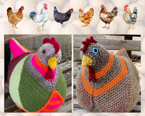 A graphic containing pictures of two soft stuffed chickens. The one on the left is crocheted, the one on the right is knit, and both are multi-colored. The collage background is brown chicken eggs, and there are six watercolor illustrations of different chicken breeds above the photographs.