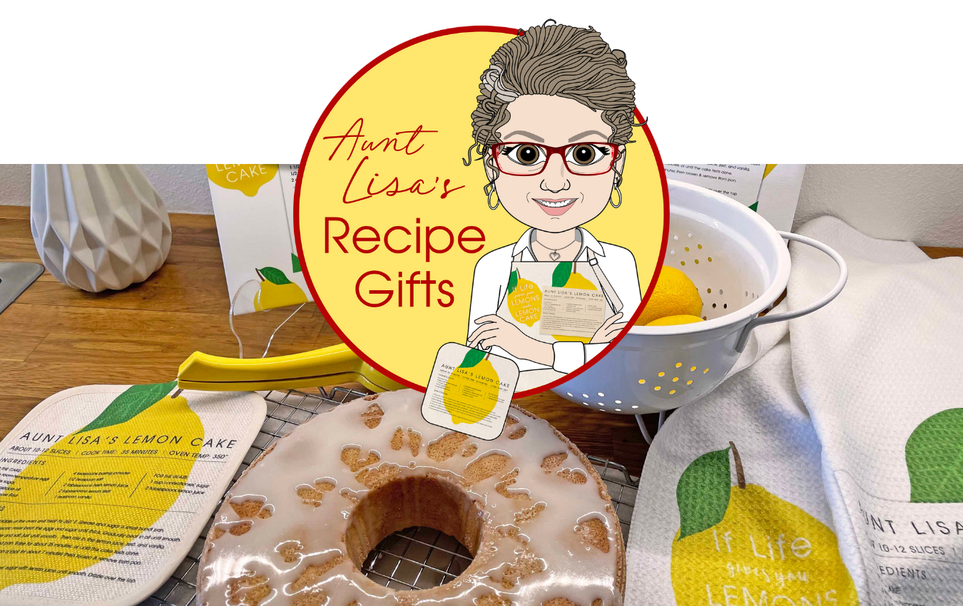 Aunt Lisa's Orginal Recipes: The Aunt Lisa Recipe Gifts Logo hovering over a display of Lemon Cake and Aunt Lisa's Lemon Cake Recipe items.