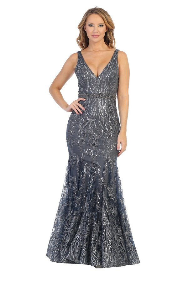 LF 7552 - Fit & Flare Prom Gown with Glitter Design and V-Neck – Diggz Prom