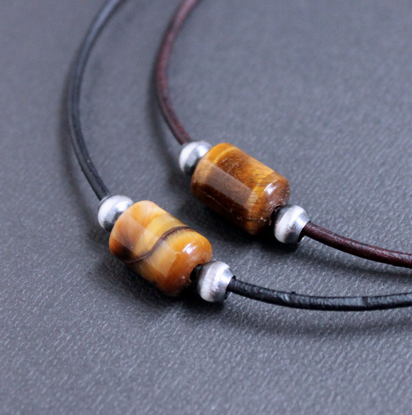 Tiger Eye Barrel Bead Leather Cord Necklace