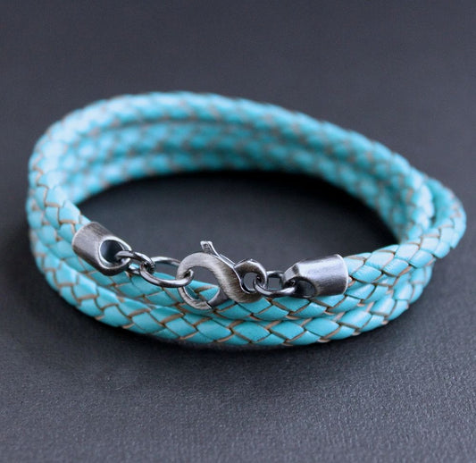 T89 Double-Wrap Braided Leather Bracelet with Silver-Satin Magnetic Closure  - Triton Jewelry