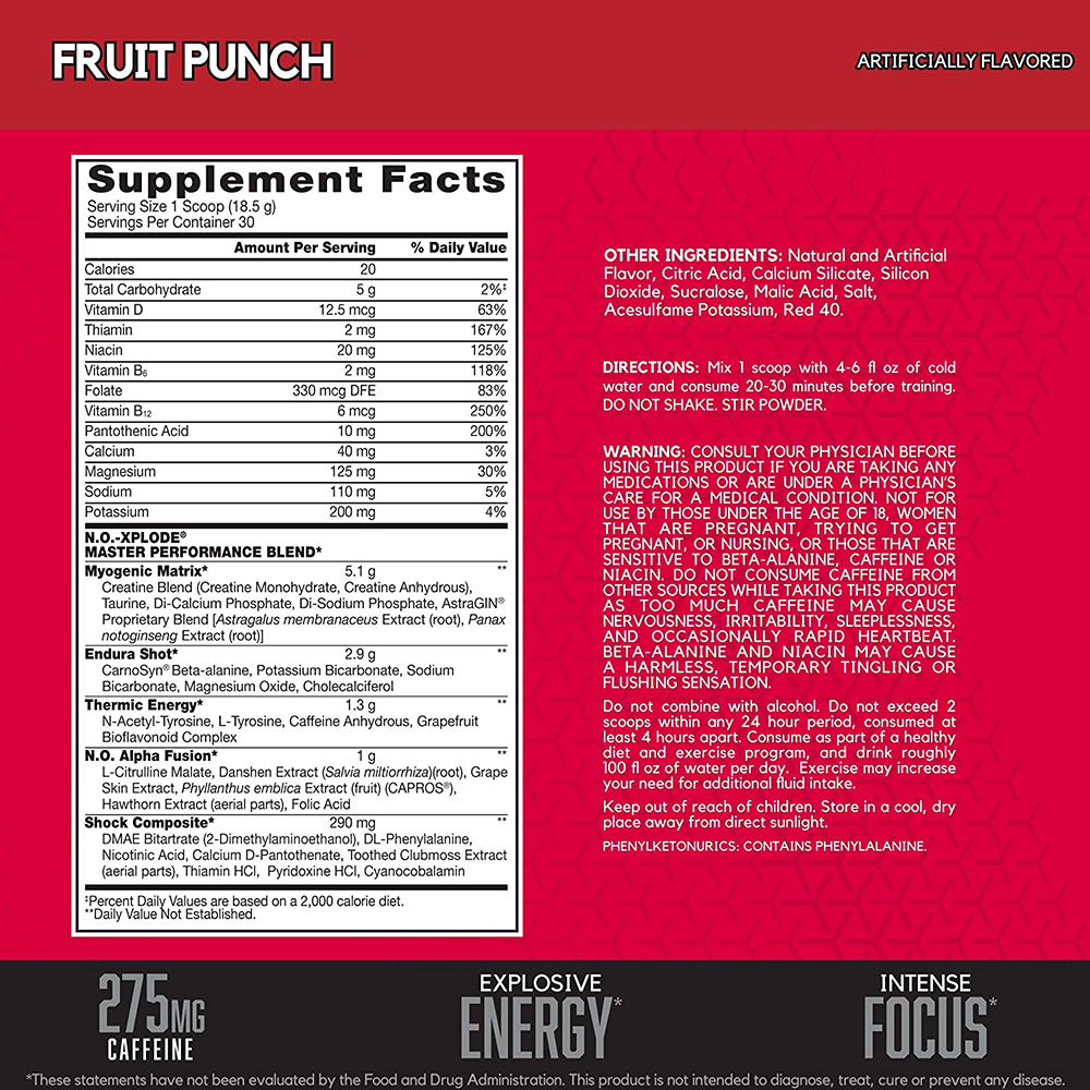 BSN no-xplode بري وورك اوت 30 servings fruit punch supp facts