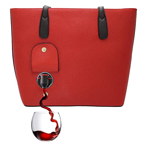 PortoVino Classic Tote Bag - Vegan Leather Wine Purse with Hidden Spout and Dispenser Flask for Wine Lovers that Holds and Pours 2 bottles of Wine! For Traveling, Concert, Bachelorette Party - Red