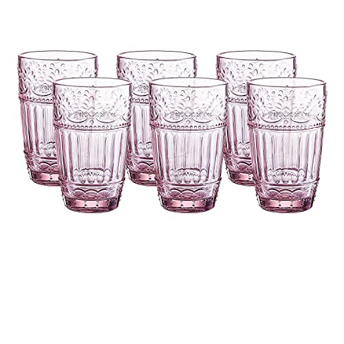 WHOLE HOUSEWARES | Glass Tumblers | Set of 6 Drinking Glasses | 11oz Embossed Design | Vintage Drinking Cups for Water, Iced Tea, Juice | Wedding, Party Glass Set (Pink)