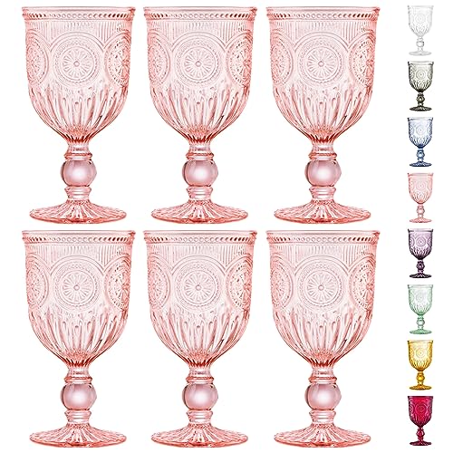 Elle Decor Embossed Goblets Glasses, Vintage Glassware Sets, Water Goblets  for Party, Wedding, & Daily Use, Set of 6, Amber