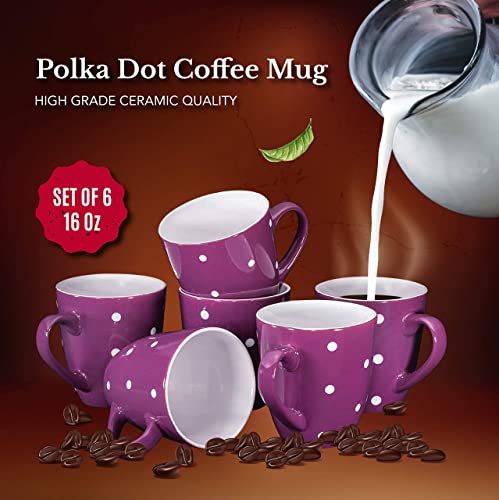 Bruntmor 16 Oz Polka Dot Coffee Mug Set of 6, Large 16 Ounce Ceramic Mugcup Set In Purple Polka Dot Design, Best Coffee Mug For Your Christmas Or Birthday Gift