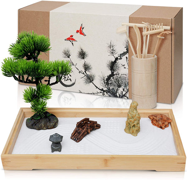 Japanese Zen Garden for Desk - Zen Garden Sand Kit, Artificial Bonsai Tree,  Rakes & Accessories - Japanese Decor Office Home Desktop Relaxation