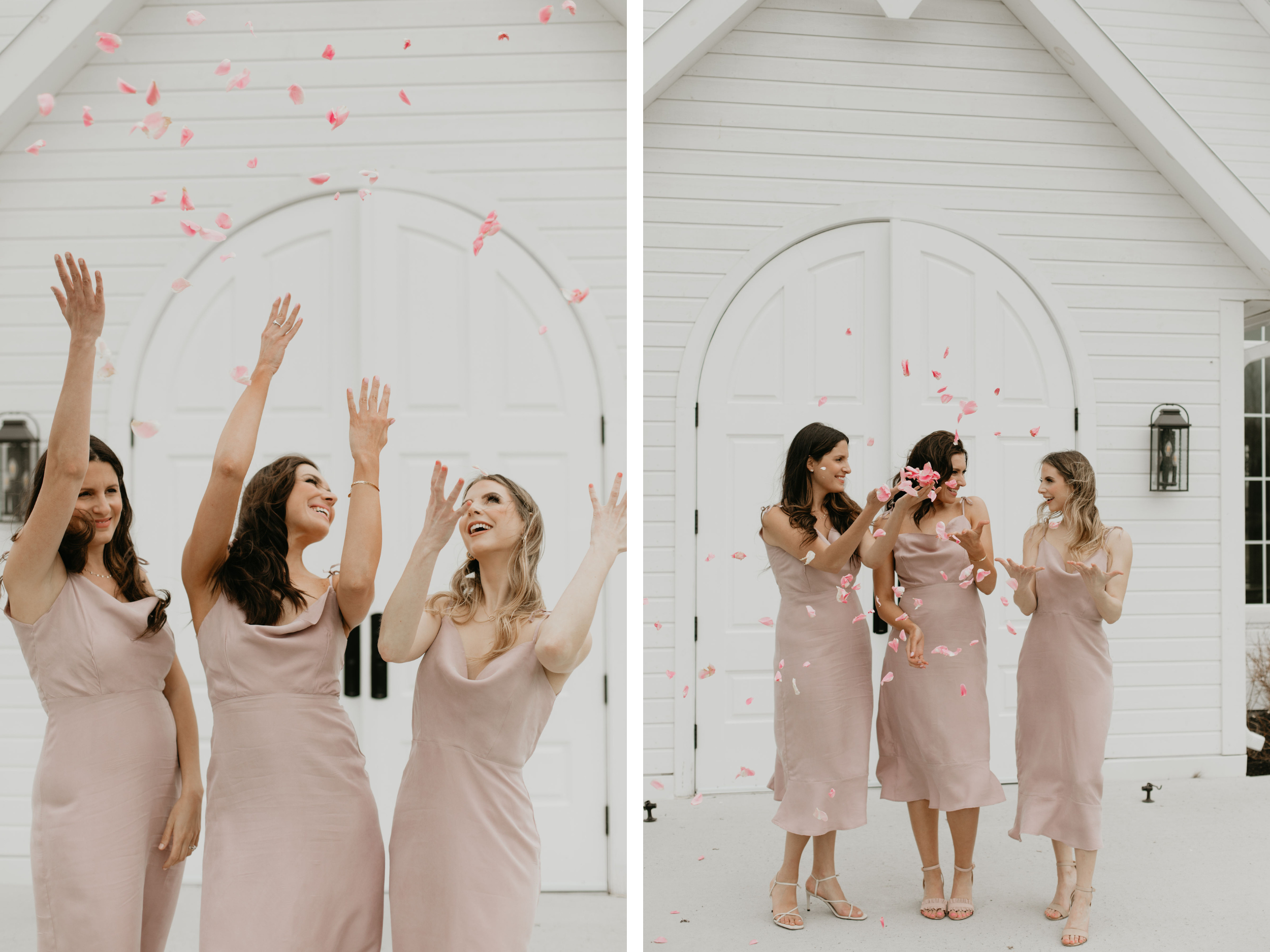 women in blush slip dresses throwing confetti