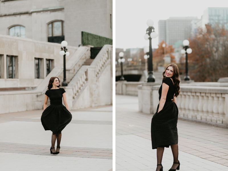 woman wears black bodysuit and black skirt with tights