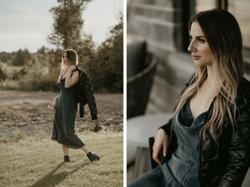 sadie slip dress paired with leather jacket