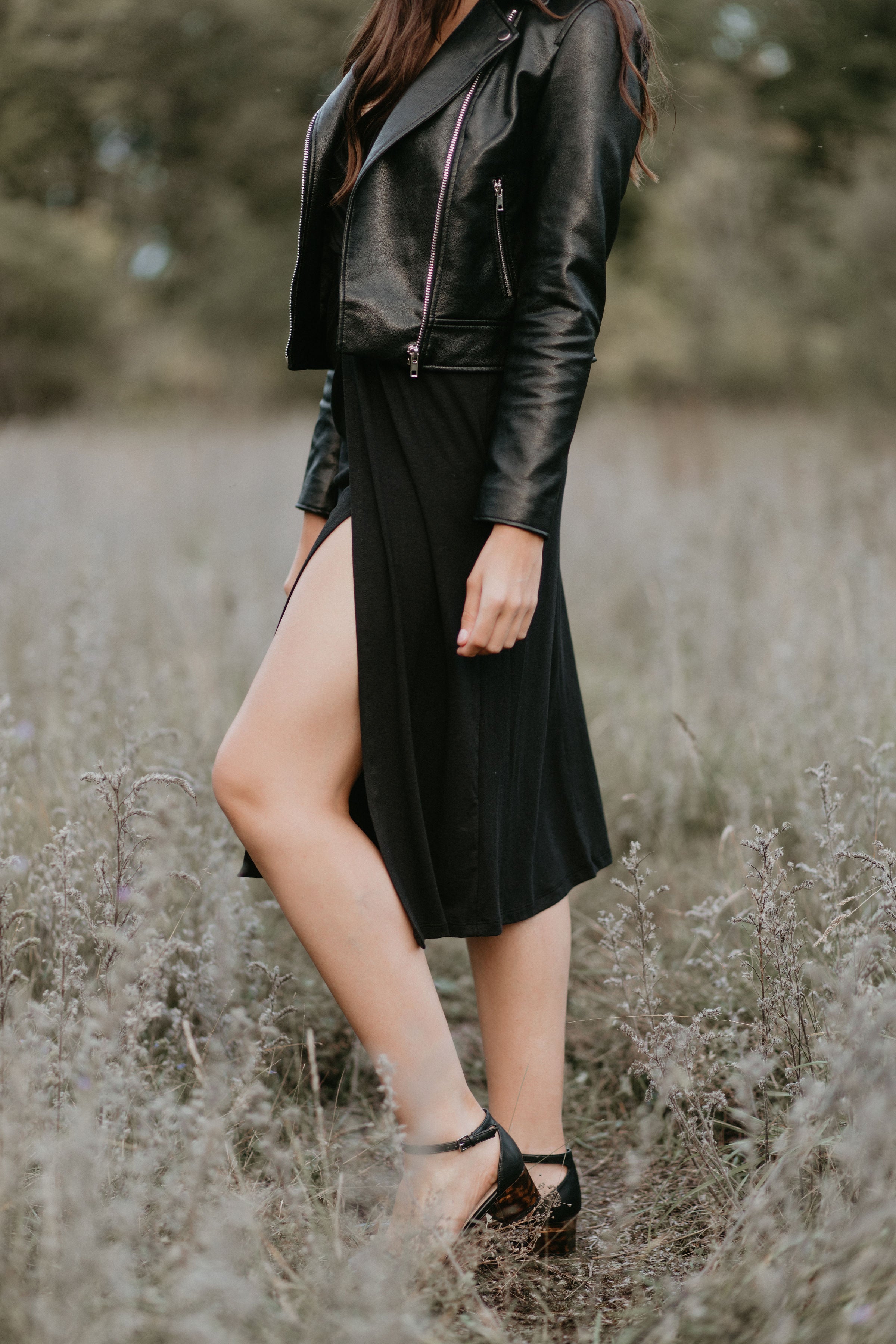 little black dress with leather jacket