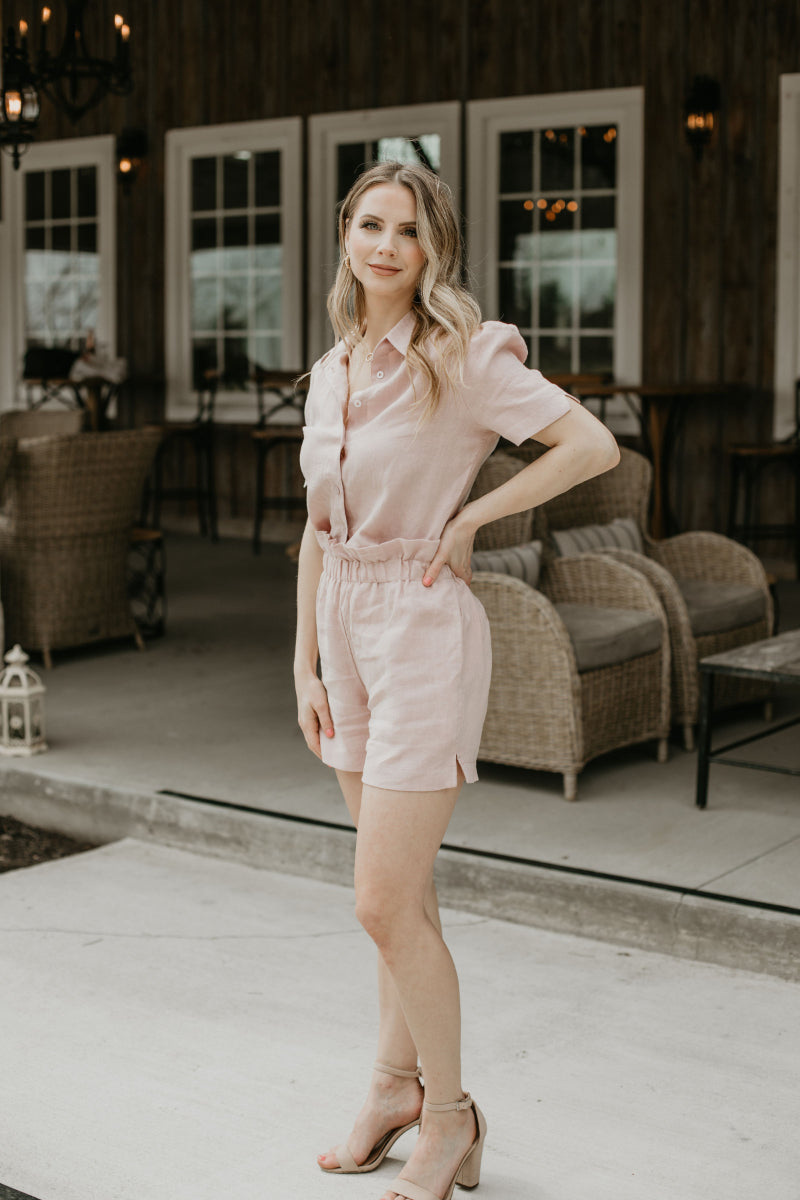 blush outfit for spring - blouse and shorts set