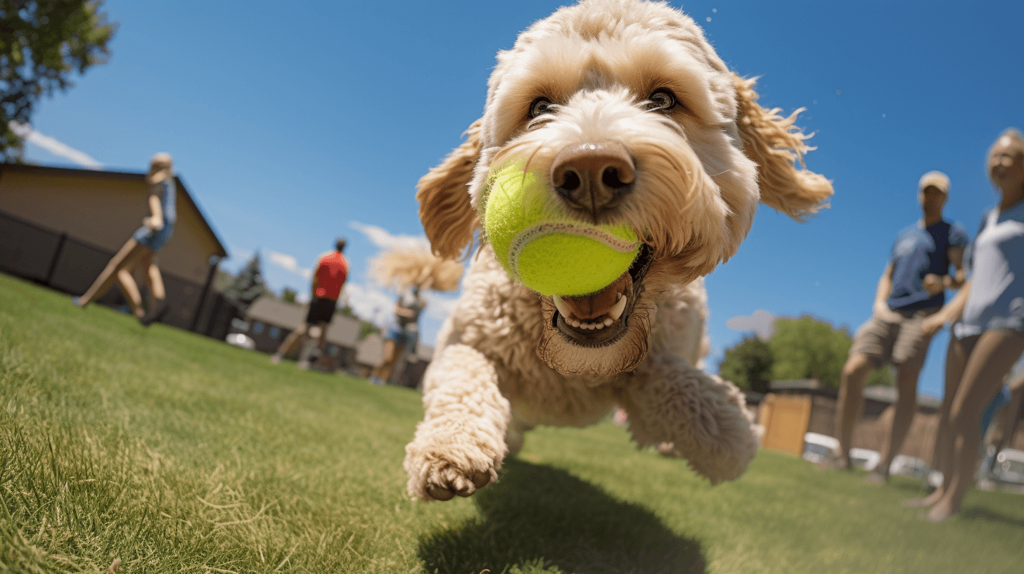 Labradoodle Service Dogs for  the ball of autism children picks the ball and give the children