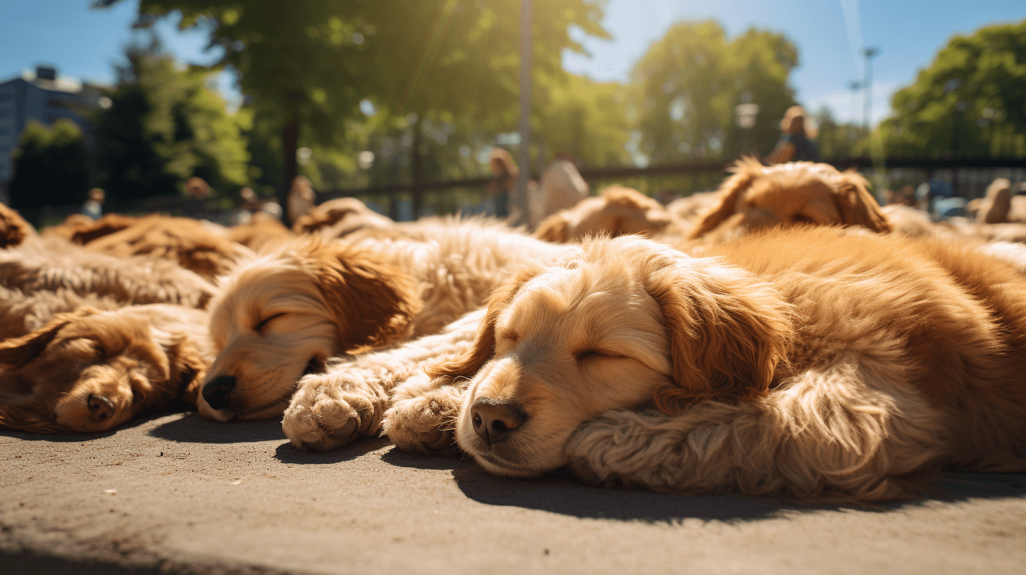 Labradoodle service dogs, sleeping in the dog park