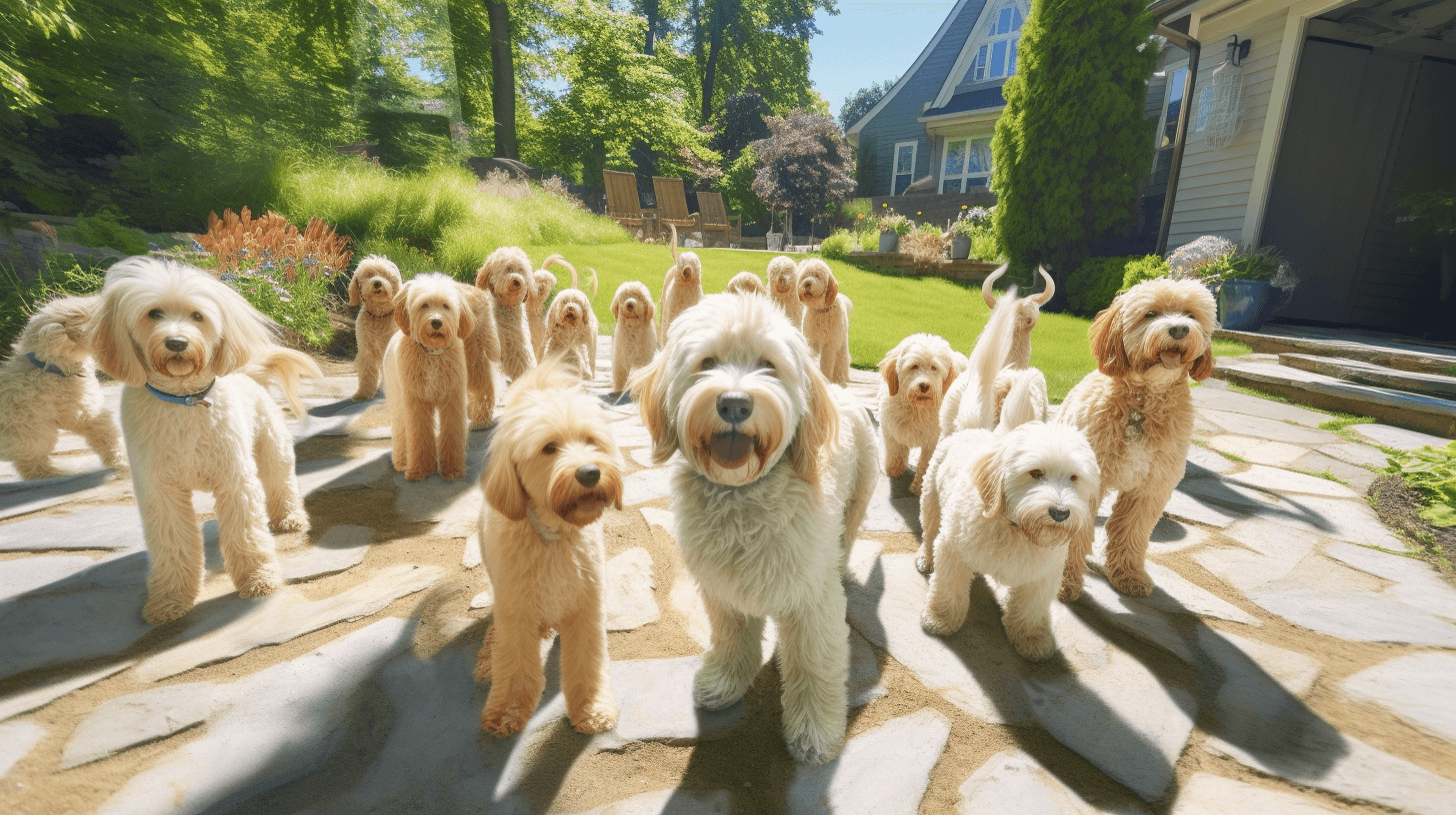 large group of labradoodles playing in the yard