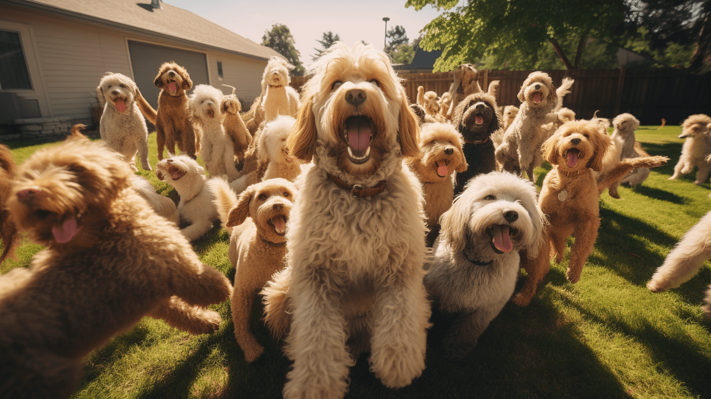 large group of Variety size Labradoodles playing in the yard