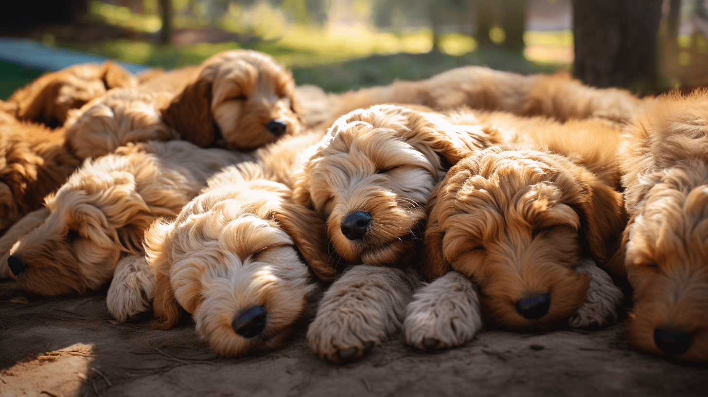 Variety size Labradoodle puppies sleeping in the dog park