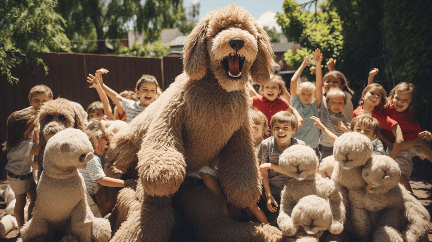 large group of Labradoodle Stuffed Animal children playing in the yard