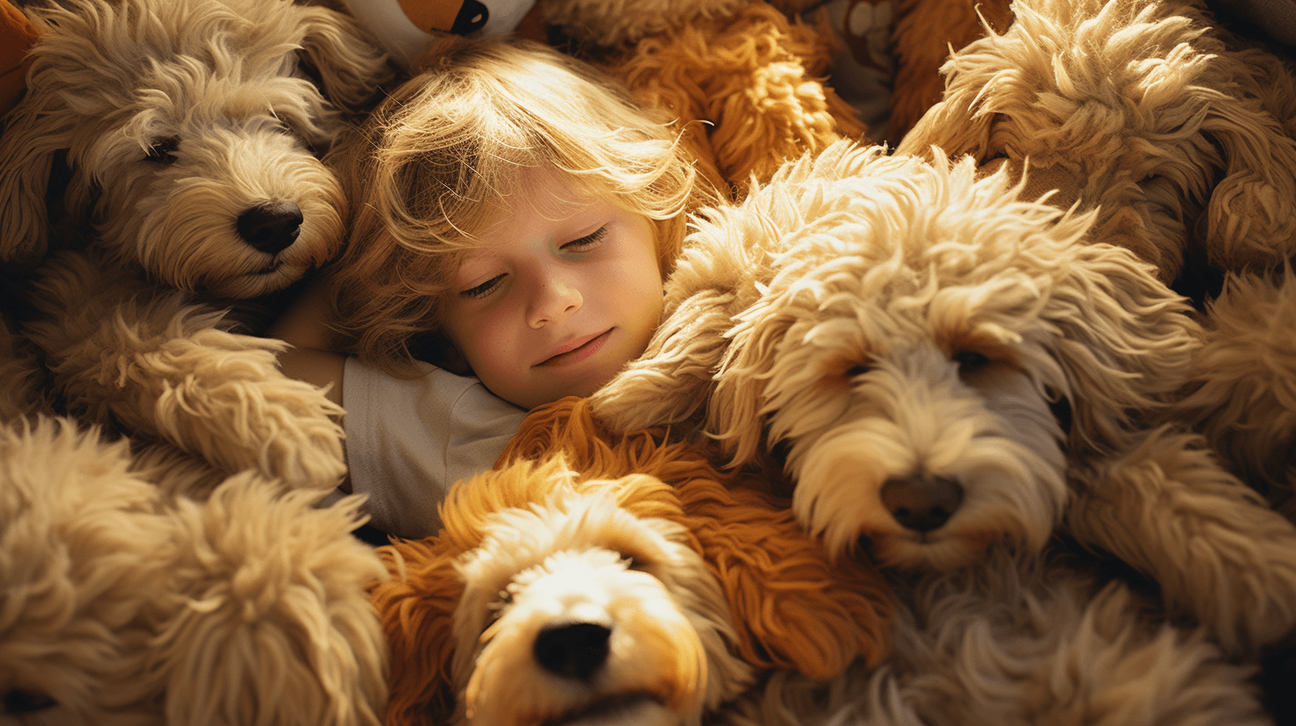 Labradoodle Stuffed Animal sleeping with children