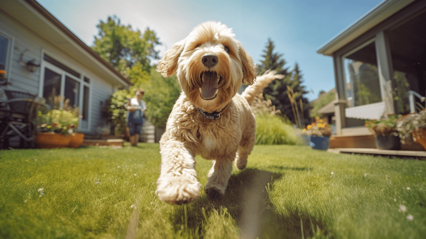 focusing cute and long tails with labradoodle playing in the yard