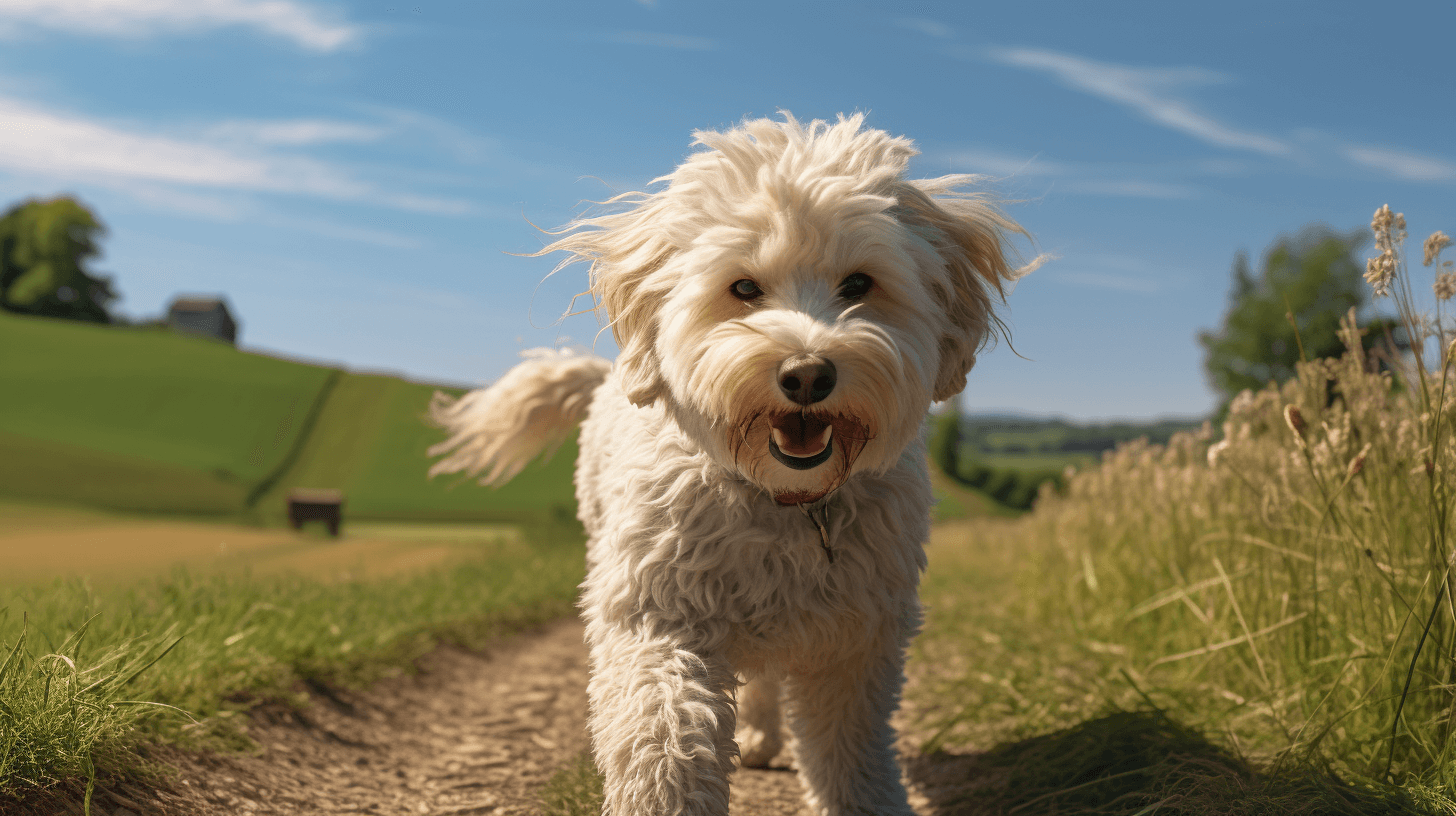focusing cute and long tails with labradoodle with long and shaggy hair