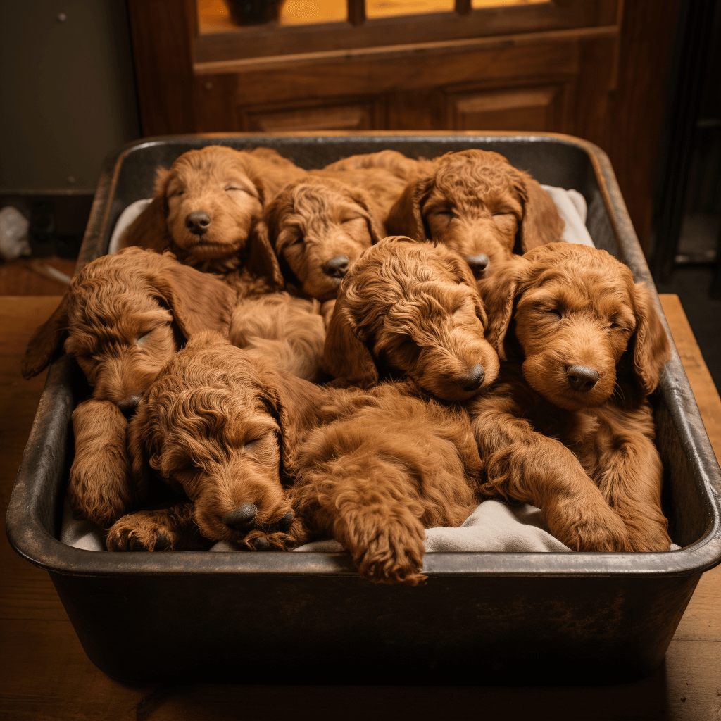 red labradoodle puppies sleeping on the fried tray