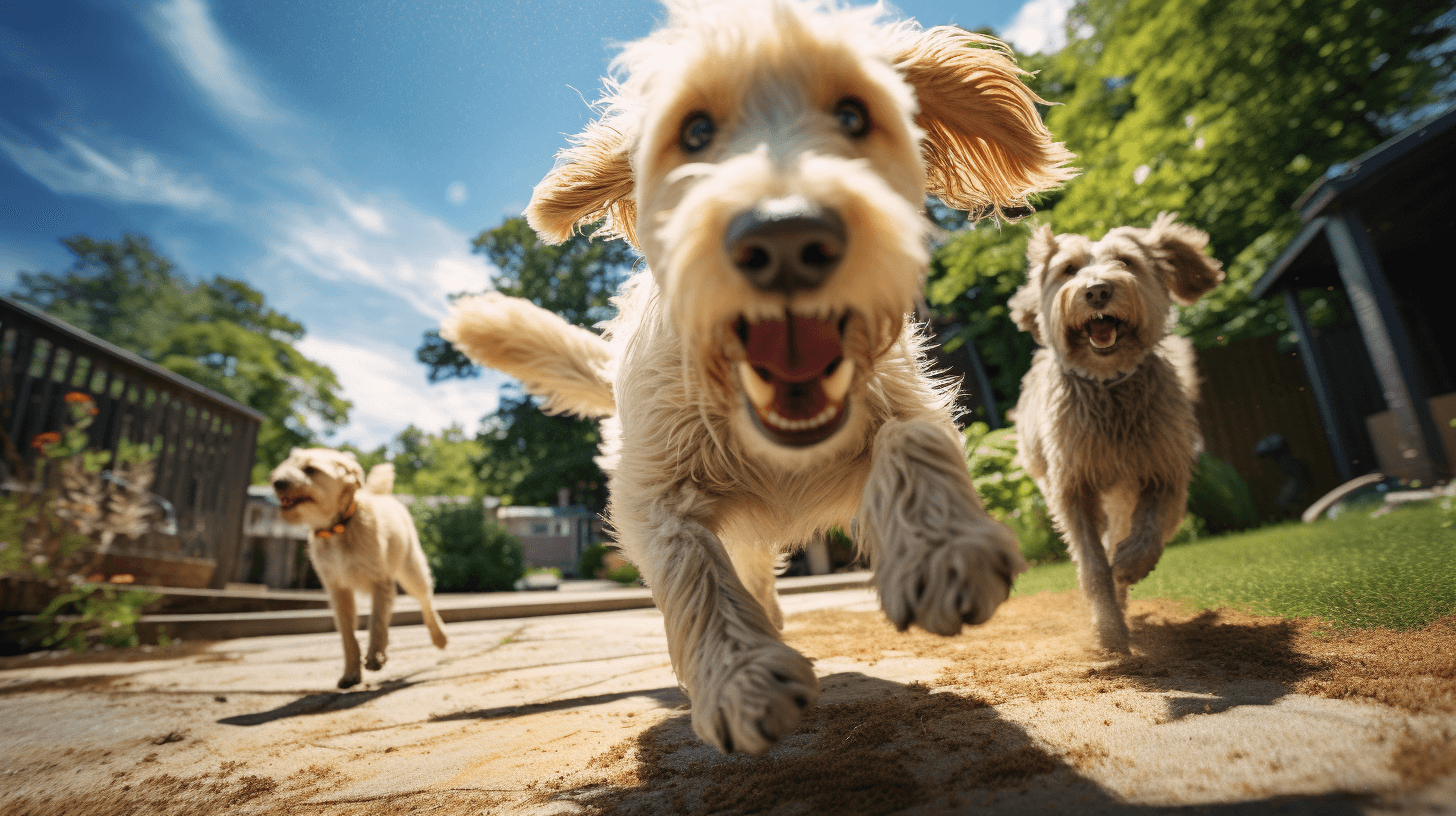 Labradoodle vs Labradors playing in the yard