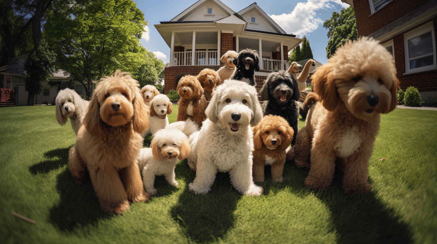 large group of Lifespan chart Labradoodles playing in the yard