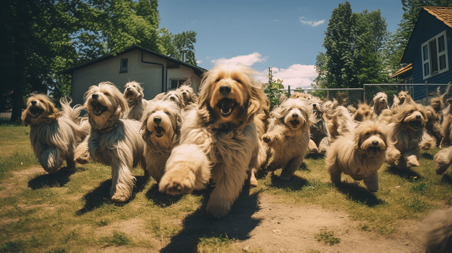 large group of Long Haired Labradoodles playing in the yard