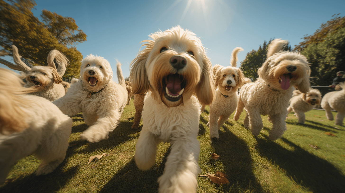 large group of Medium Size Labradoodles playing in the yard