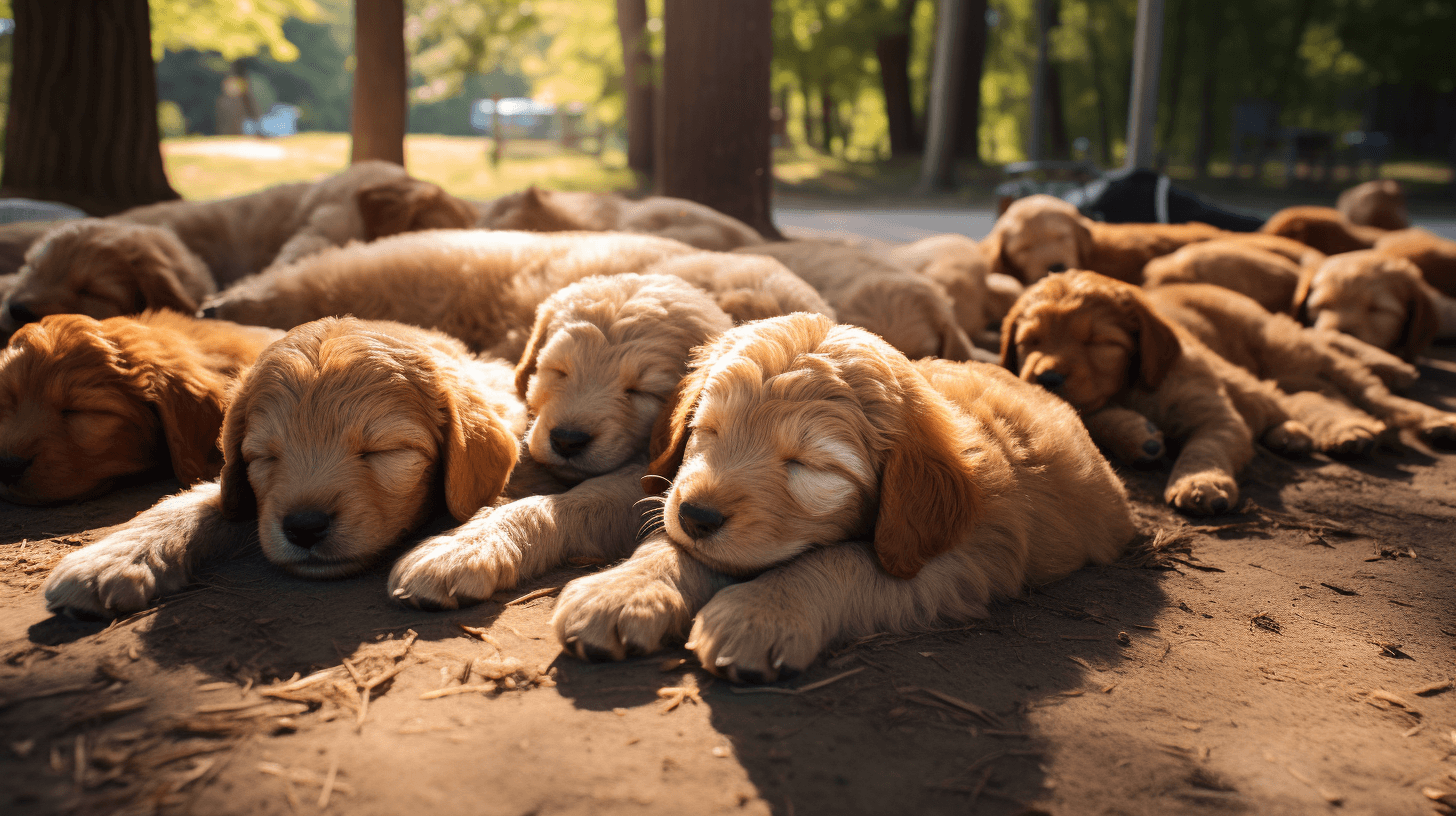 Medium Size Labradoodle puppies sleeping in the dog park