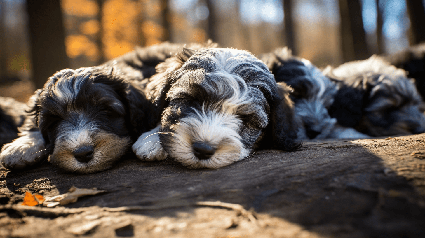 blue and black Merle Labradoodle puppies sleeping in the dog park