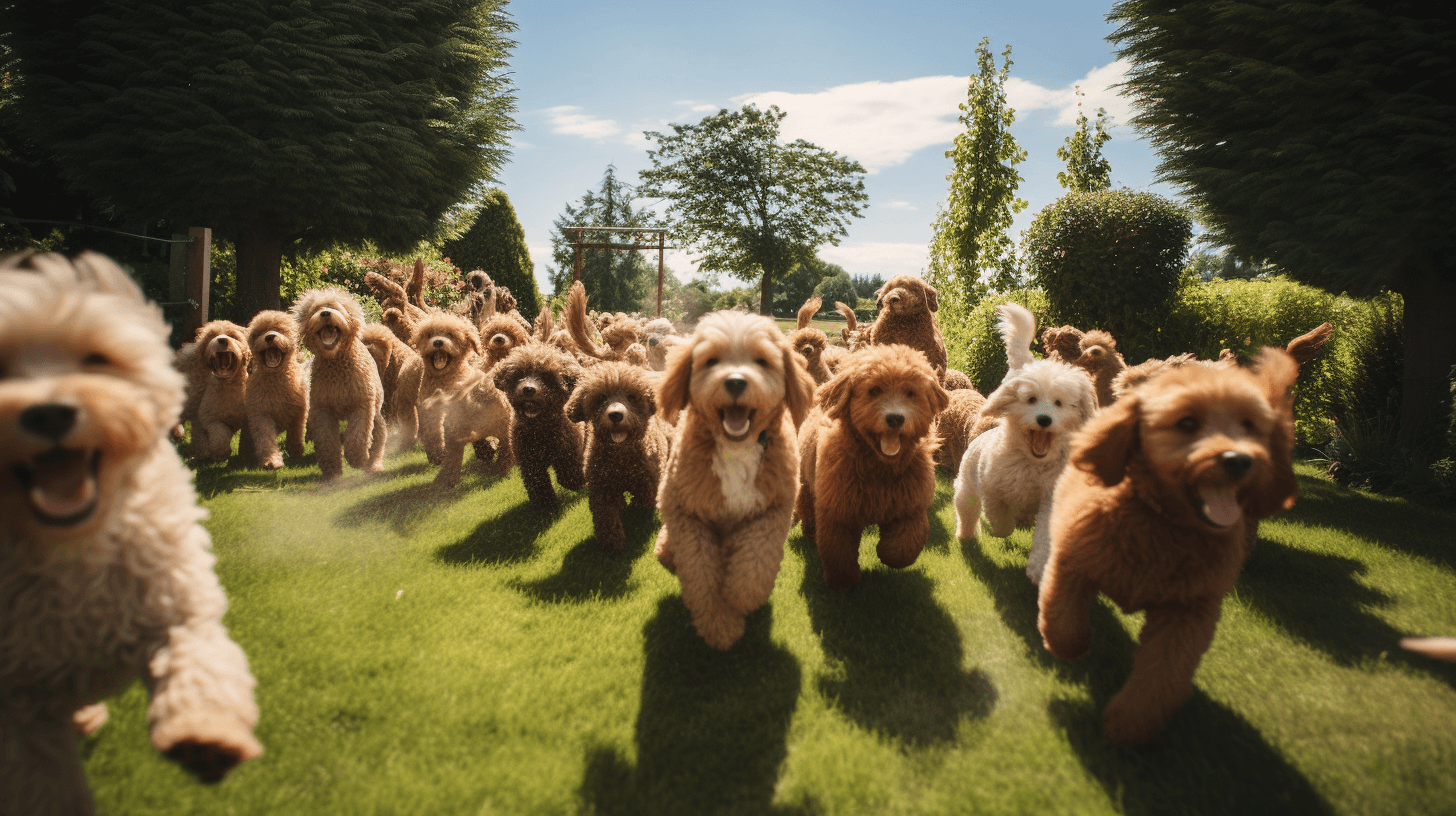 large group of Mini Labradoodles playing in the yard