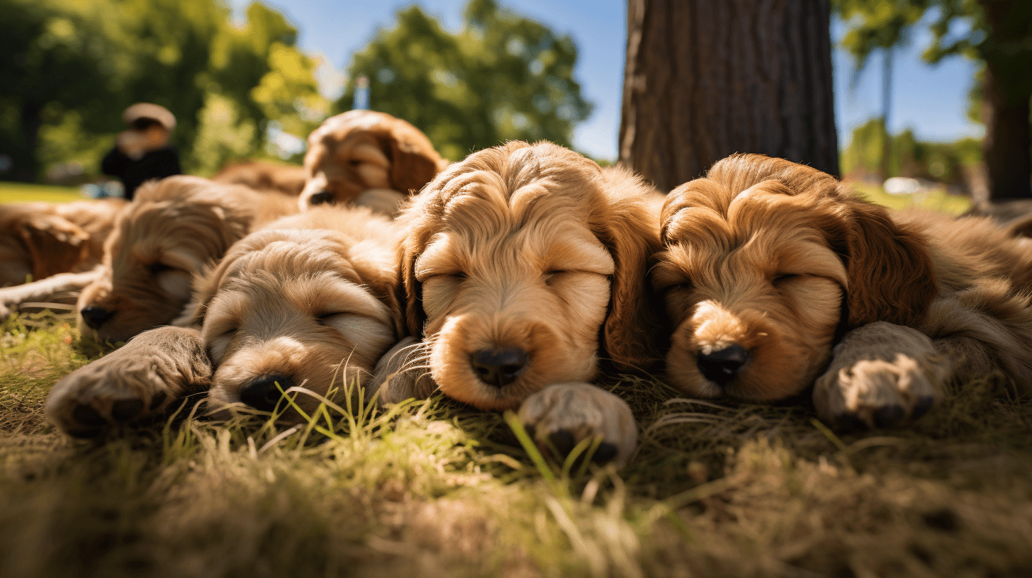 Mini Labradoodle puppies sleeping in the dog park