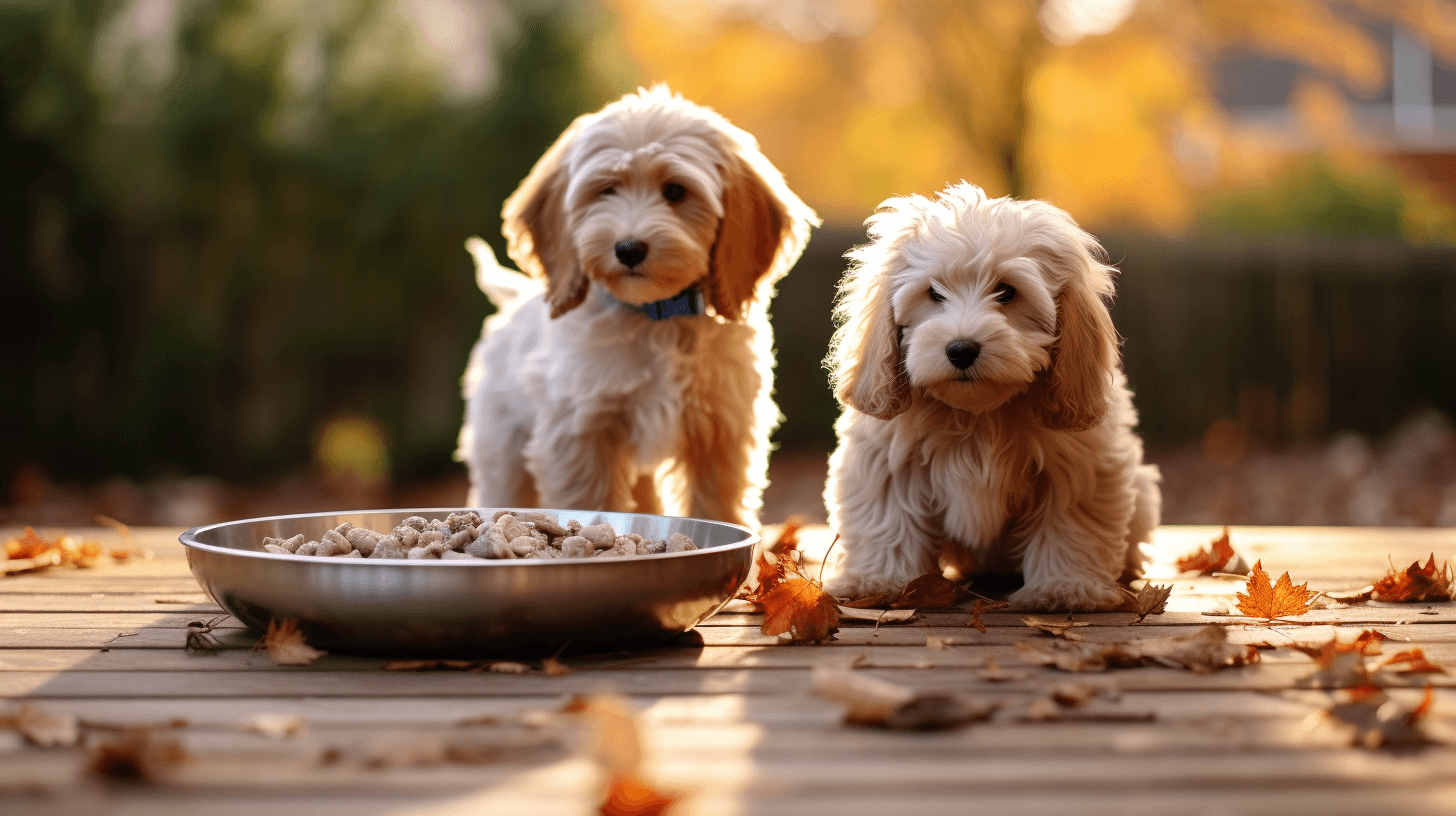 Mini Labradoodles with long and shaggy hair eating at their doggy bowls