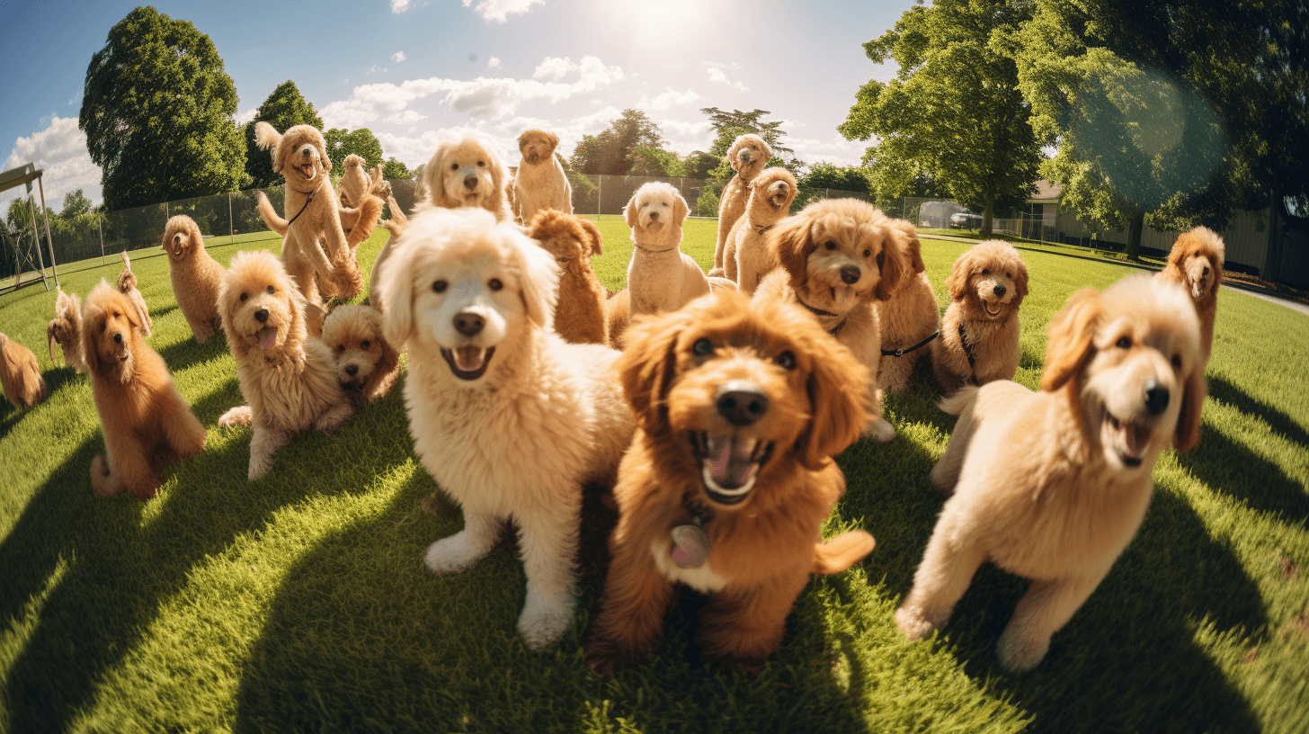 large group of Mini Labradoodles and  Mini Goldendoodles playing in the yard