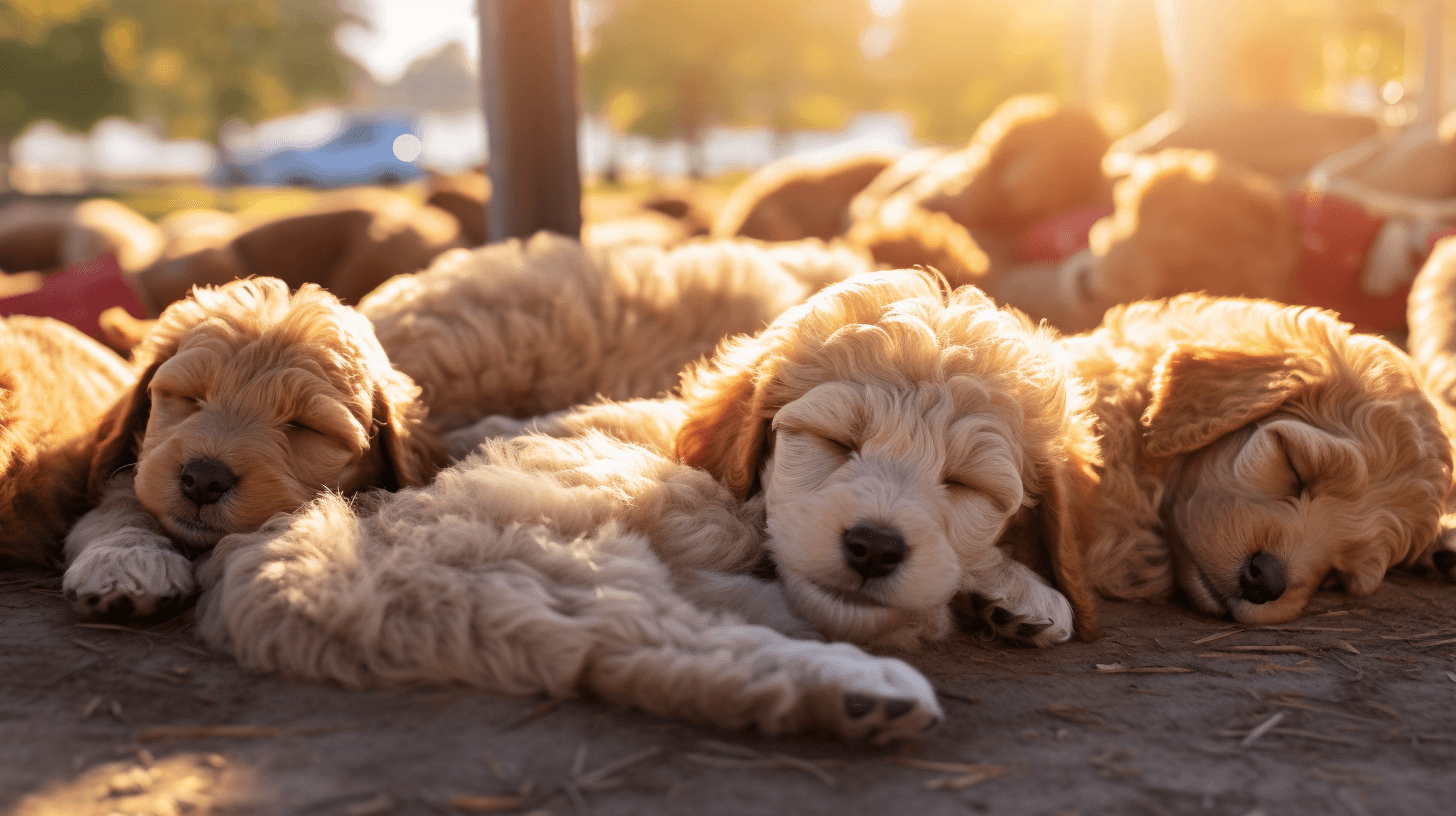 Mini Labradoodle and  Mini Goldendoodle puppies sleeping in the dog park